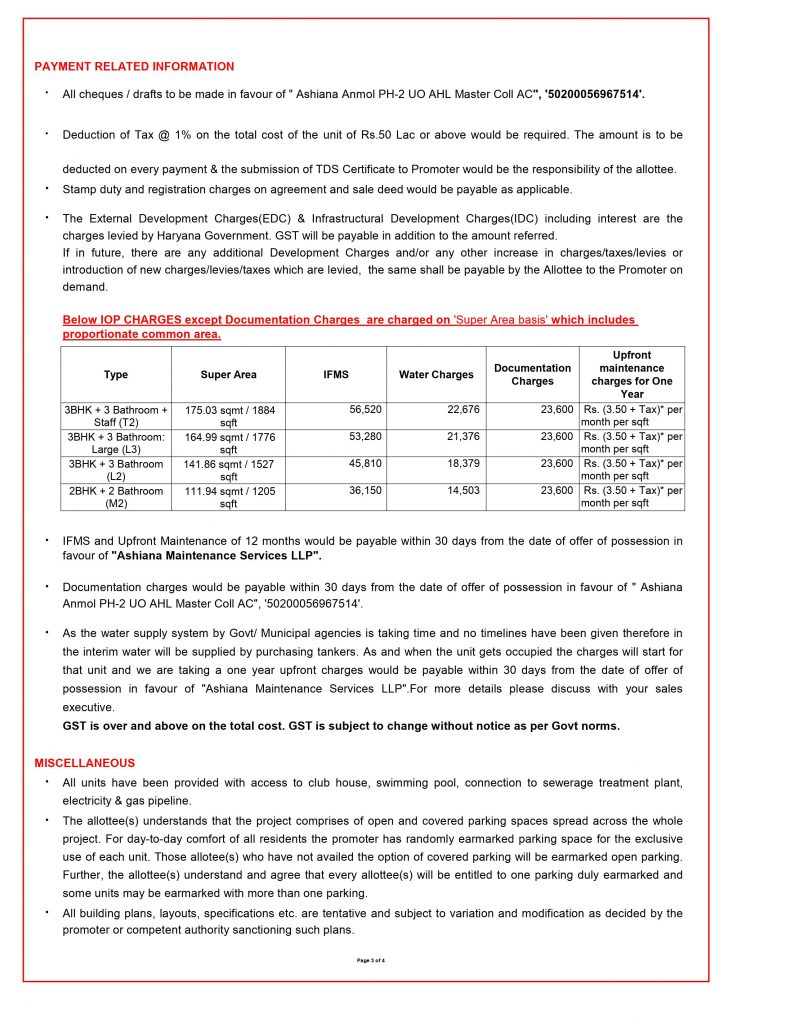 Ashiana anmol sohna phase 2 payment related information