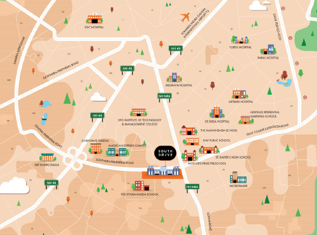 Location map of Aarize South Drive showing nearby schools, Hospitals, metros and road connectivities.