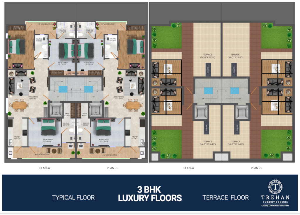 Trehan Sector 71 3BHK Typical floor plan